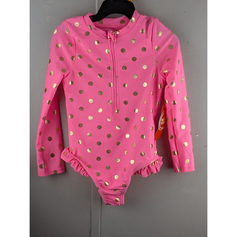 Wonder Nation Girls Pink Gold Foil Polka Dot Long Sleeve Rash Guard Swimsuit 3T